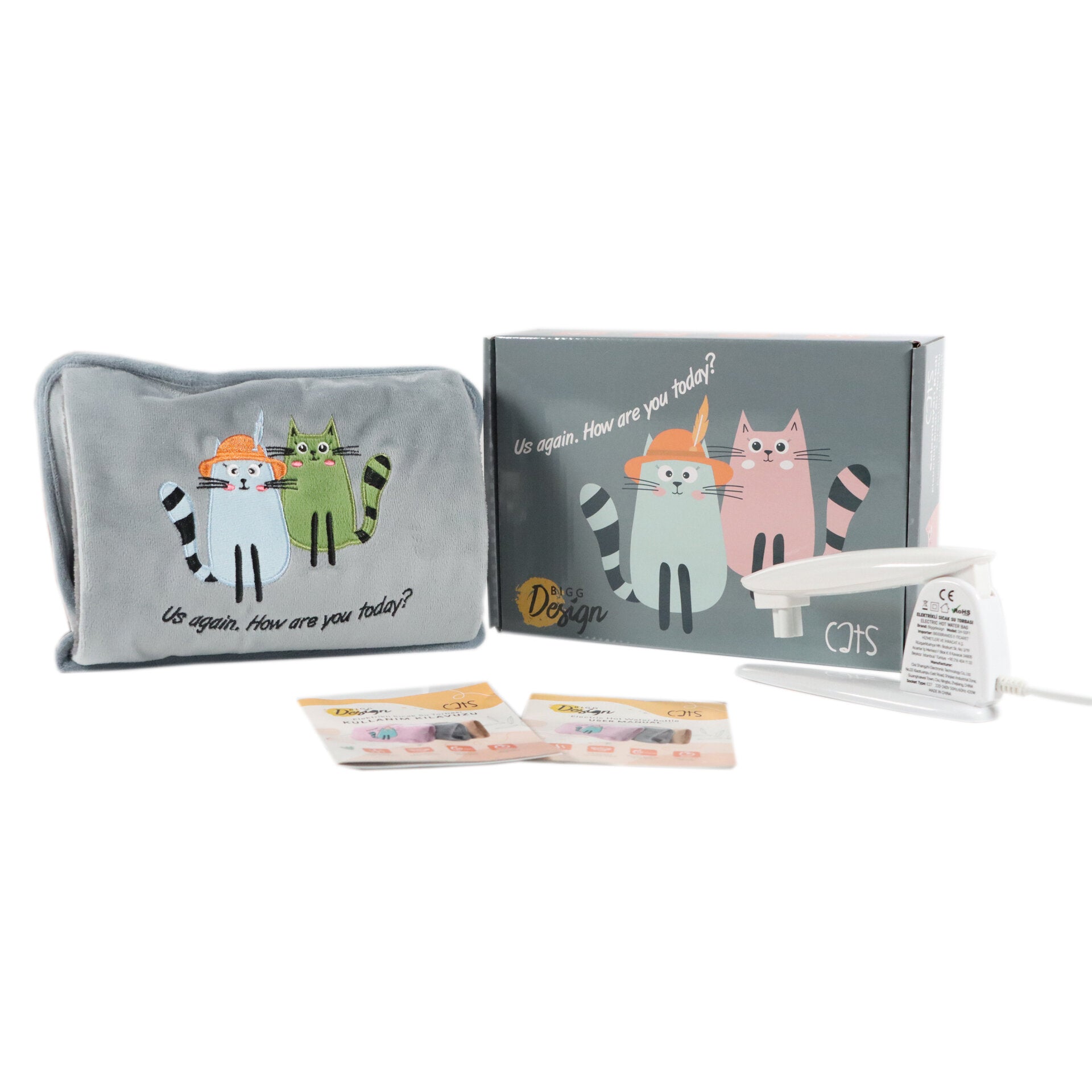 Biggdesign Cats Greeting Katze Elektrische Wärmflasche mit plüschigem Katzenmotiv, ideal für Wärme und Schmerzlinderung.